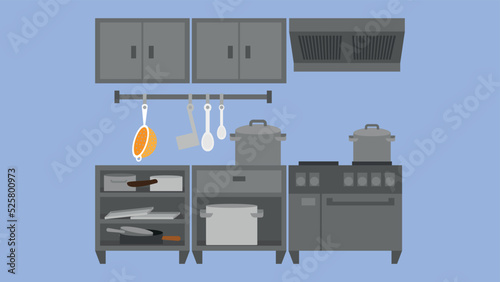 Kitchen interior, stove, extractor hood, cabinet, cabinets