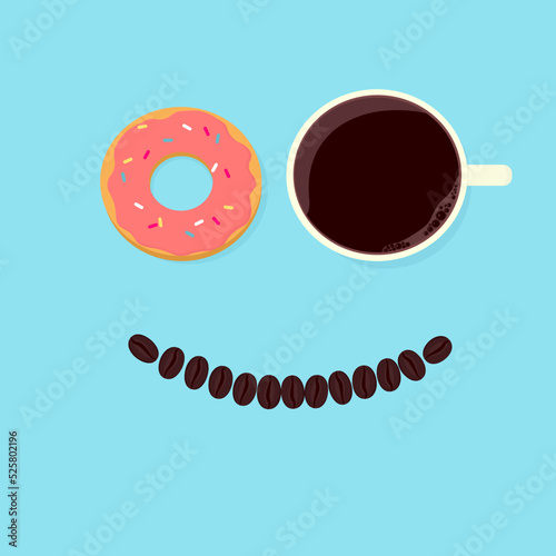 Good morning coffee, a cup of wake up black coffee and sweet tasty donut as eyes with smiling coffee beans on blue background, fresh drinking beverage and dessert bakery breakfast vector illustration.