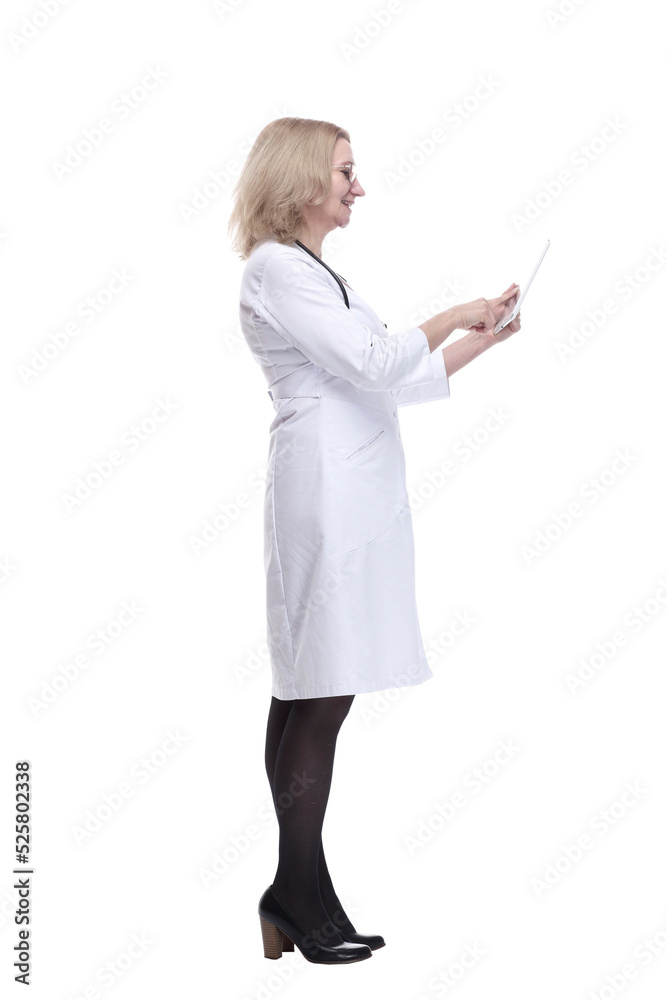 smiling woman doctor pointing at the screen of a digital tablet. smiling woman doctor pointing at the screen of a digital tablet.