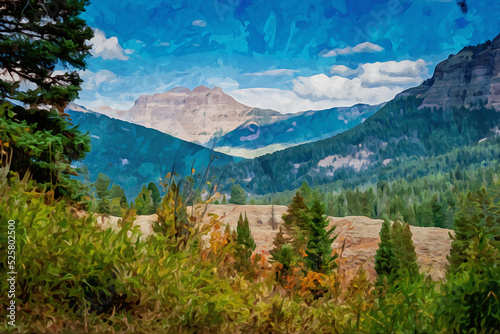 Digitally created watercolor painting of a mountain view on the trail leading to Trout Lake in Yellowstone