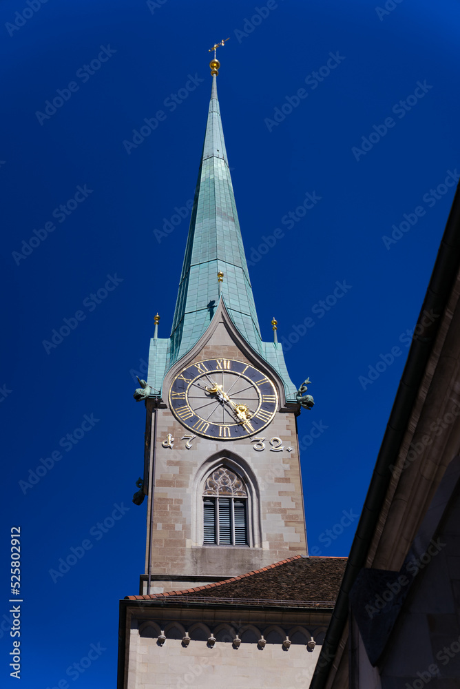 Famous Womens Minster church at the medieval old town at City of Zürich on a sunny summer day. Photo taken July 2nd, 2022, Zurich, Switzerland.