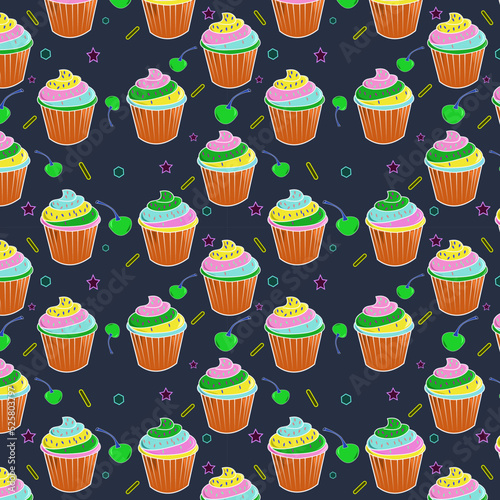 Colorful seamless pattern of tenne  tawny color cupcake with Persian pink titanium yellow, yellow green color wheel   color frosting and topping on space cadet background. textile design, wallpaper. photo