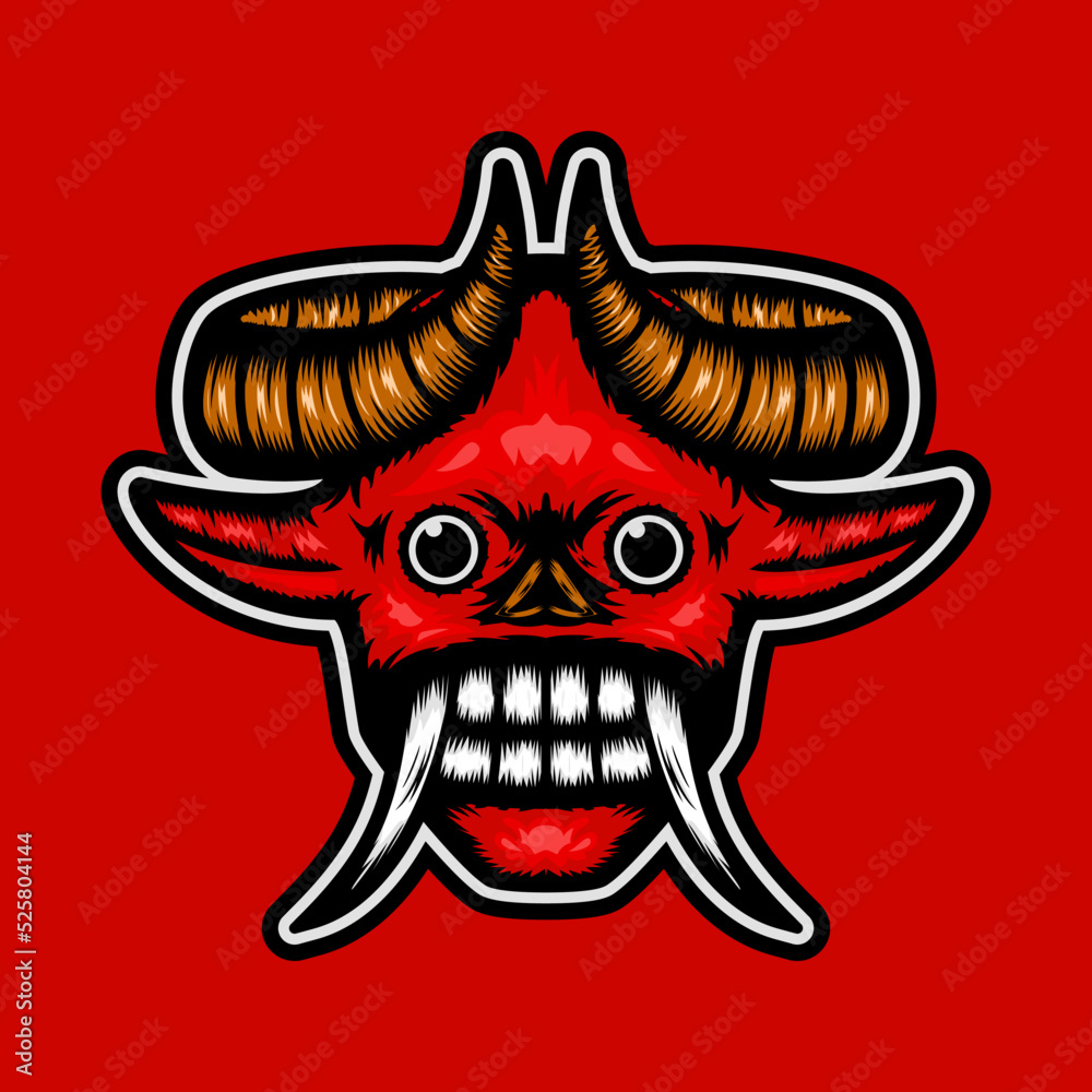 scary red devil illustration with brown horns, fangs, bulging eyes and ...