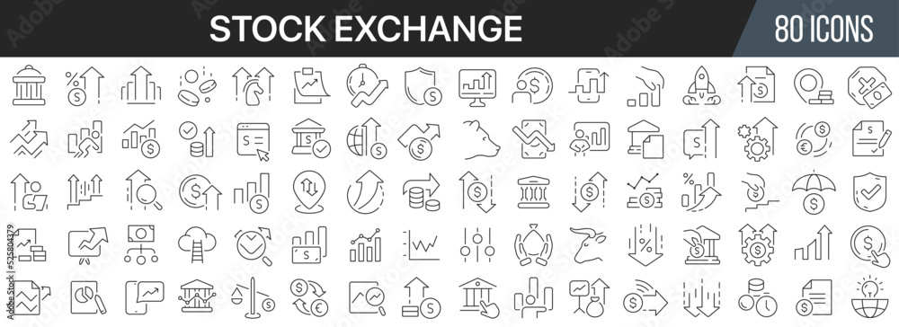 Stock exchange line icons collection. Big UI icon set in a flat design. Thin outline icons pack. Vector illustration EPS10