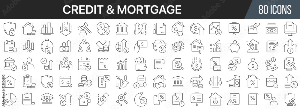 Credit and mortgage line icons collection. Big UI icon set in a flat design. Thin outline icons pack. Vector illustration EPS10 Credit and mortgage line icons collection. Big UI icon set in a flat design. Thin outline icons pack. Vector illustration EPS10