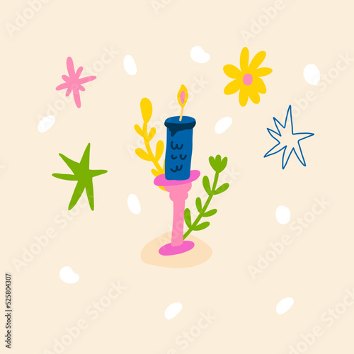 Cute hand-drawn vector illustration with a candlestick and isolated elements. Square birthday card, holiday, greeting card. Social media image