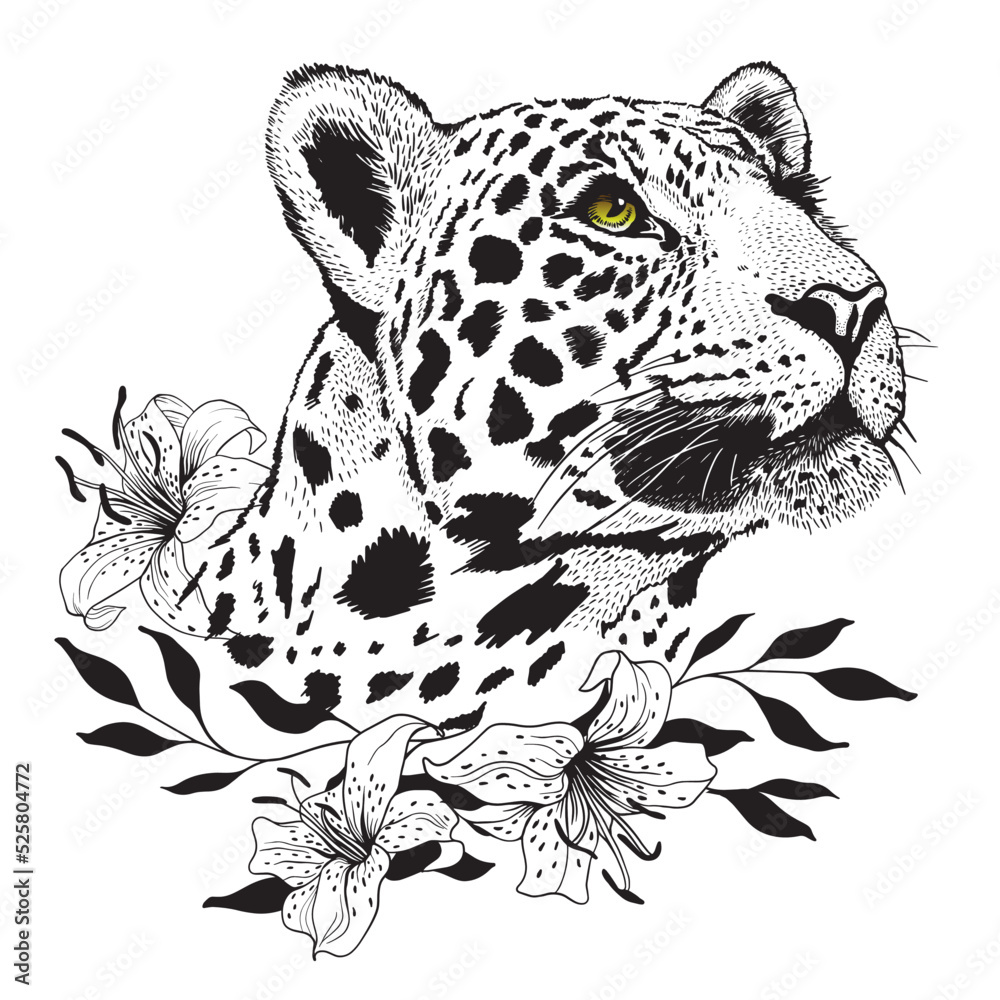 Panther heads in lily flowers. Pencil drawing in a minimalist style, suitable for tattoos, interior decoration, paintings, logo, printing on textiles and t-shirts. Predator. Panther heads in lily flowers. Pencil drawing in a minimalist style, suitable for tattoos, interior decoration, paintings, logo, printing on textiles and t-shirts. Predator.