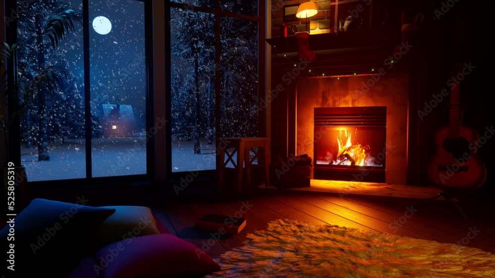Fireplace with Christmas tree. 3d screen server