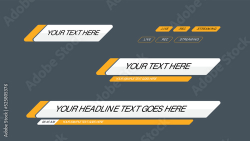 Yellow lower third template. Set of TV banners and bars for news and sport channels, streaming and broadcasting. Collection of lower third for video editing on transparent background.