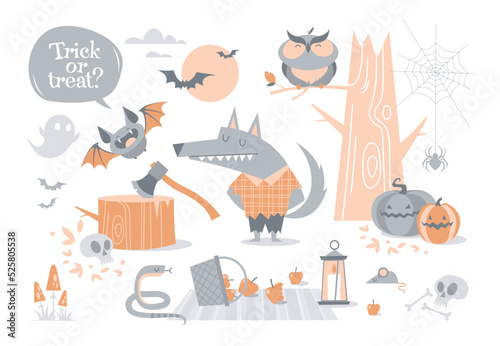 Cartoon funny Halloween set with werewolf. Trick or treat.