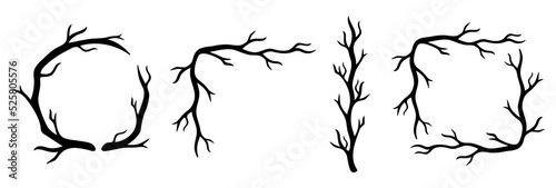 Halloween black doodle frames isolated. Hand drawn round, square frames, corners, line. Vector spooky elements of trees