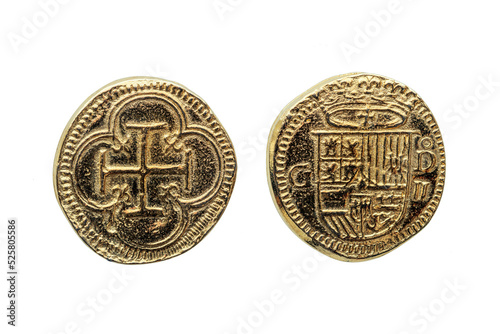 Gold Escudos Coin replica of Philip II (Felipe II) of Spain Crowned Shield Obverse Cross In Quatrefoil Reverse, png stock photo file cut out and isolated on a transparent background photo