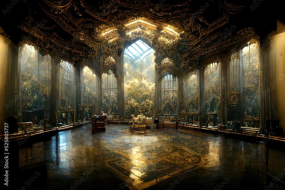 Majestic Palace Hall Interior. Fantasy Backdrop. Concept Art. Realistic