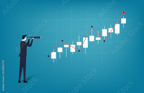 Businessman looking through telescope. Searching for opportunity and vision