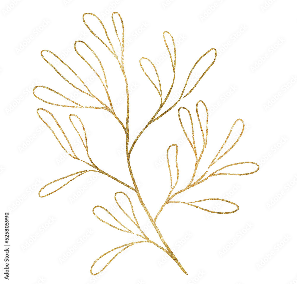 Golden outlines botanical sparkling leaves illustration, wedding design single element