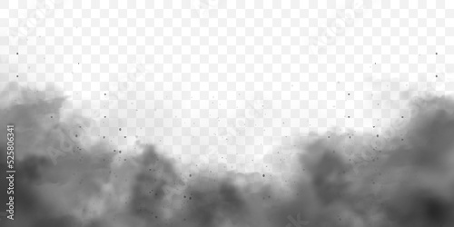 Black realistic smoke, dust clouds. Dirty polluted smog or fog with dirt particles. Air pollution, mist effect. Smoke from fire or explosion. Vector illustration