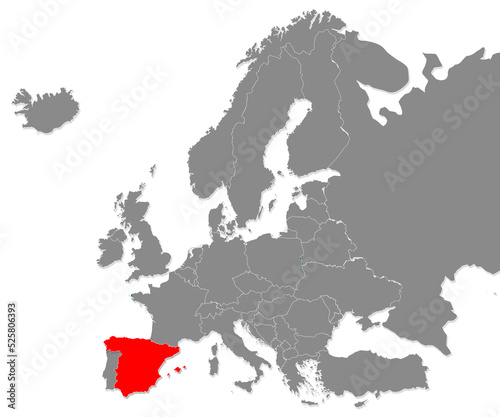 Map of Spain highligted with red in Europe map