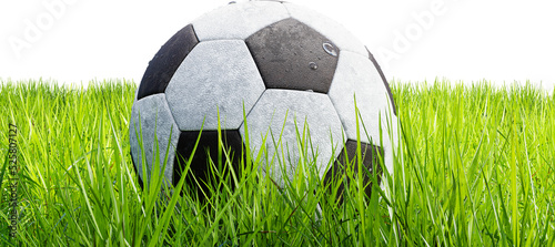Soccer ball on pitch  PNG file. Realistic soccer ball on a grass field  3D Render. Transparent background