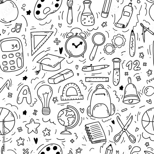 Hand drawn doodle seamless pattern with school icons on white background. Vector illustration of supplies, back to school concept for print, web and textile design, stationery