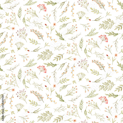 Forest Animals Tiny Flowers Plants Berries Delicate Beige Flowers Rabbit Birds Patterns for Children's Albums of Clothes