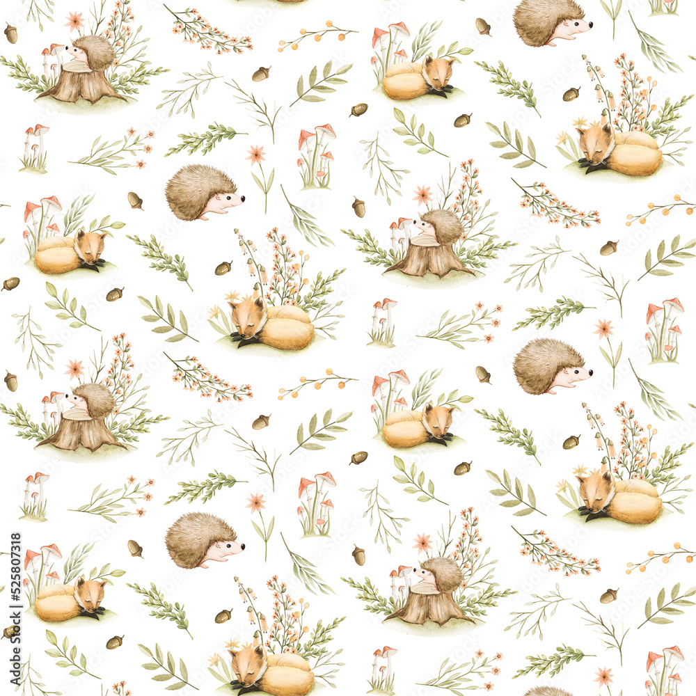 Forest Animals Tiny Flowers Plants Berries Delicate Beige Flowers Rabbit Birds Patterns for Children's Albums of Clothes