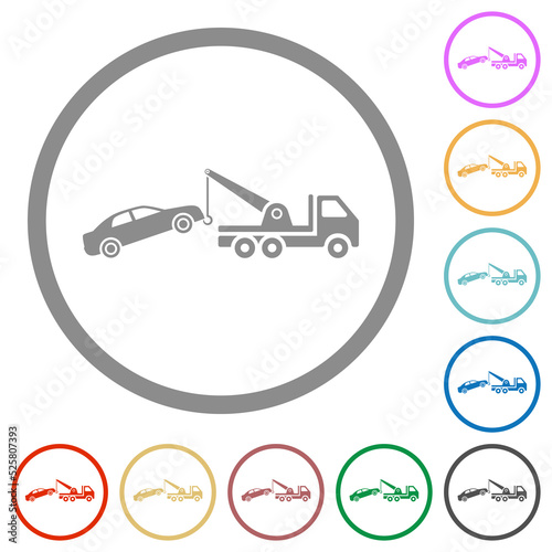 Car towing flat icons with outlines