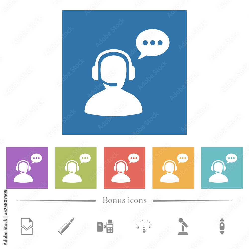 Talking operator active solid flat white icons in square backgrounds Talking operator active solid flat white icons in square backgrounds