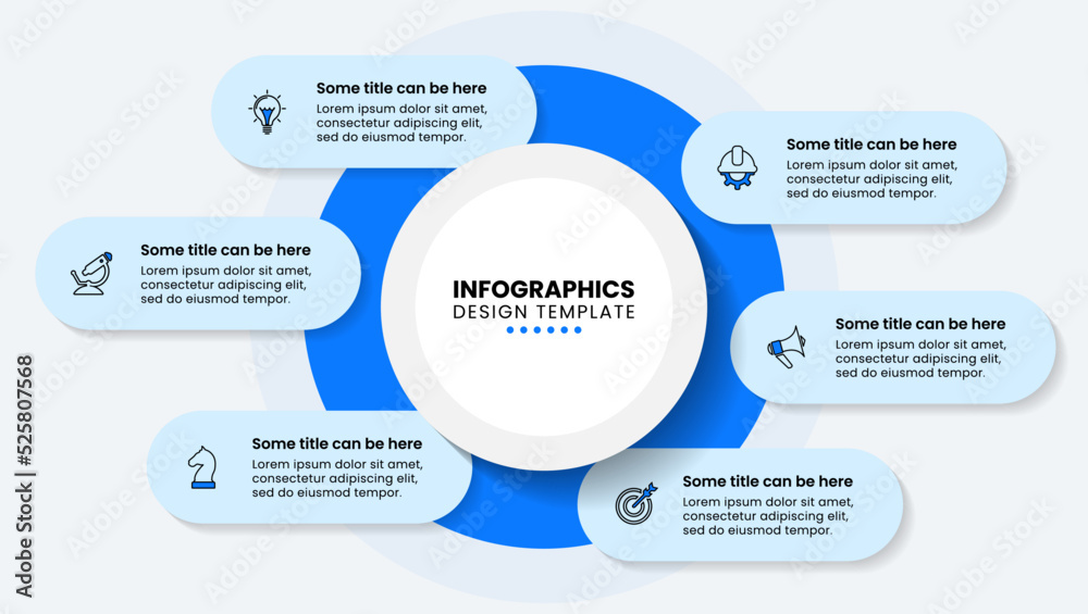 Infographic template. Blue circle with 6 steps and text Infographic template. Blue circle with 6 steps and text