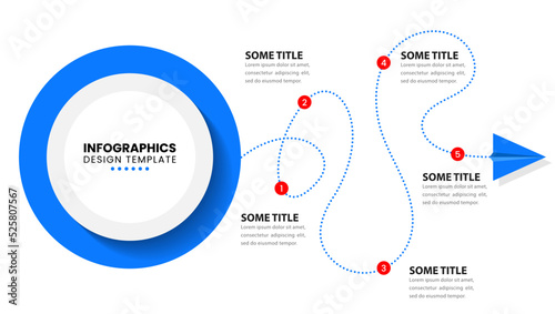 Infographic template. Paper plane with blue line and 5 steps