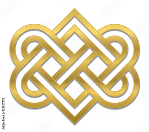 Celtic love knot. Ancient golden heart shaped sign representing the connectedness of of two loving people. Isolated vector illustration on white background.
