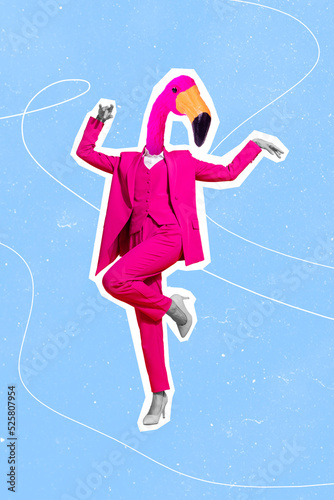 Creative abstract template graphics image of lady flamingo instead of head dancing isolated drawing background