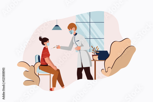 Vaccinated concept with people scene in the flat cartoon design. Woman gets vaccinated in the hospital to protect her body from viruses and diseases. Vector illustration.