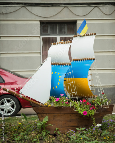 Decoration in a flower bed in the form of a ship, on the streets of Kyiv, Ukraine