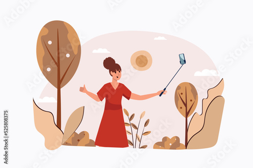 Streaming concept with people scene in the flat cartoon design. Video blogger broadcasts live while walking in the park. Vector illustration.