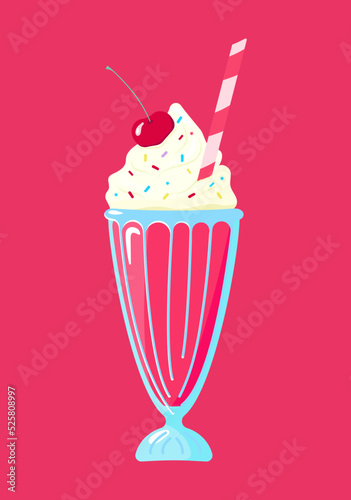Cherry milkshake. Vector illustration of milkshake with whipped cream and cherries for menu design or for advertising. Milk dessert decorated with cherries and colored sprinkles, with a straw.