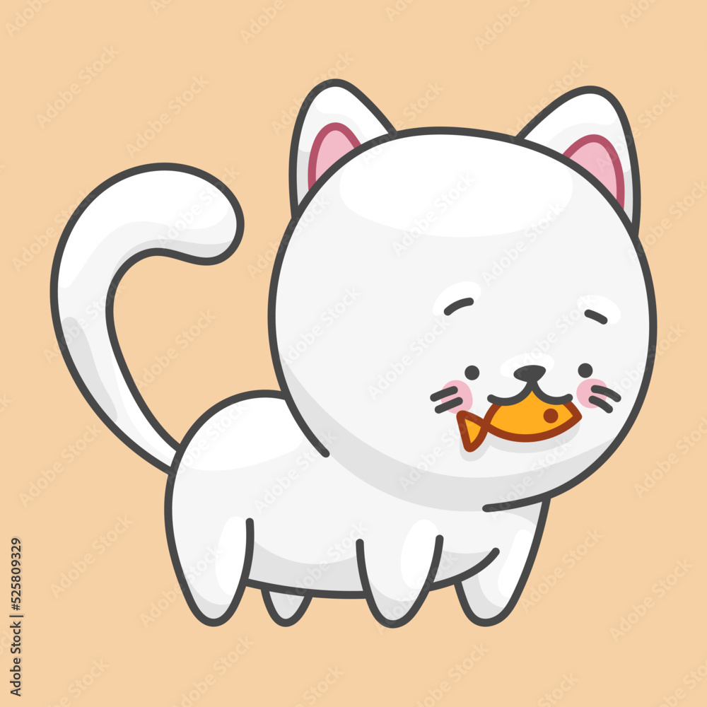 White cat, pet character. Cute drawing in kawaii style.
