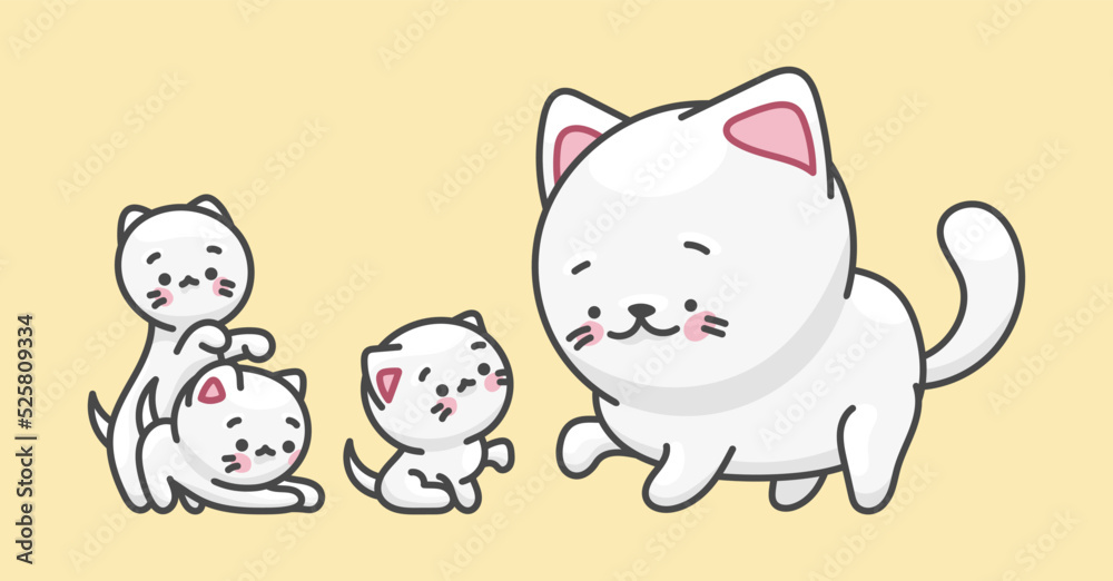 Naklejka premium White cat, pet character. Cute drawing in kawaii style. 