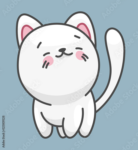 White cat, pet character. Cute drawing in kawaii style.
