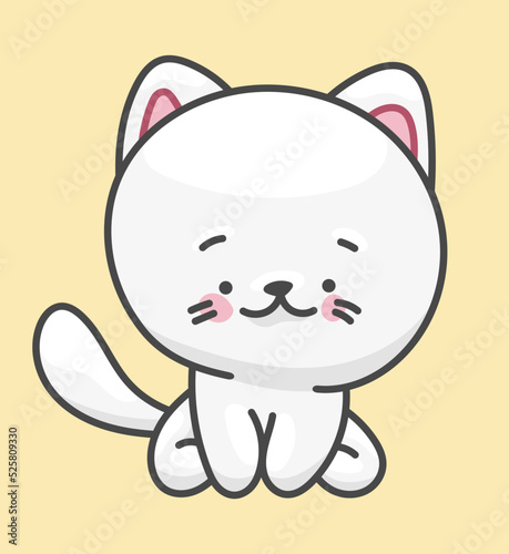 White cat, pet character. Cute drawing in kawaii style.

