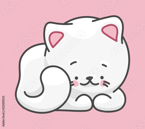 White cat, pet character. Cute drawing in kawaii style.
