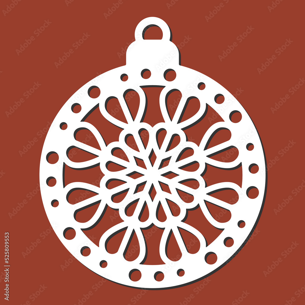 Fototapeta premium Laser cut template of Christmas decoration vector design. Merry Christmas ball with snowflake for the Christmas tree. X-mas symbol for New Year decorations, paper and wood cutting, printing.