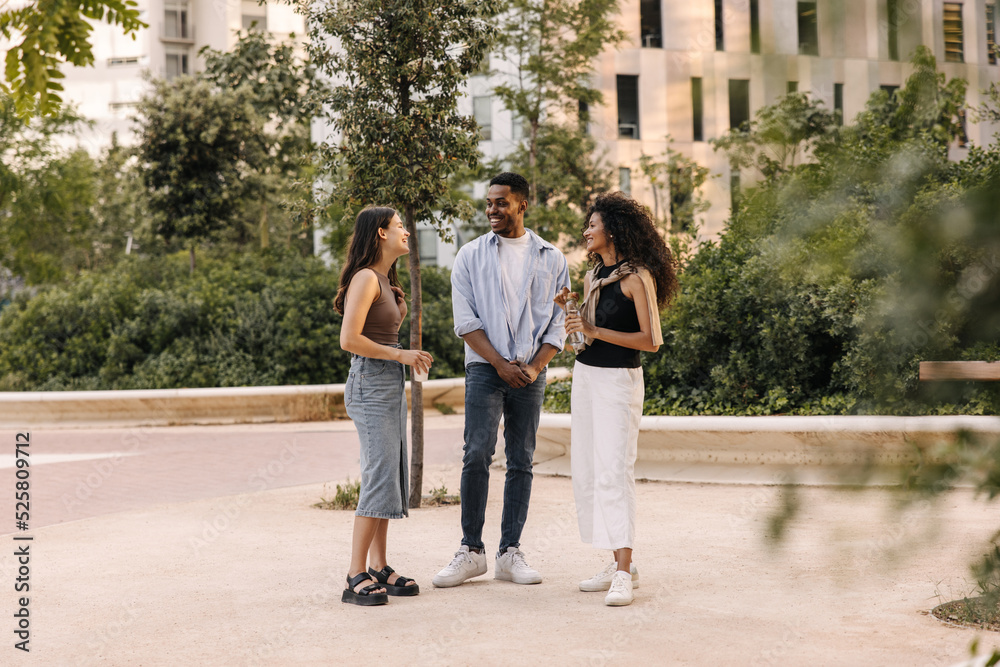 Full-length young interracial students chat with each other relaxing in fresh air. Brunettes guy and girls wear casual clothes spring. Relaxed lifestyle, concept