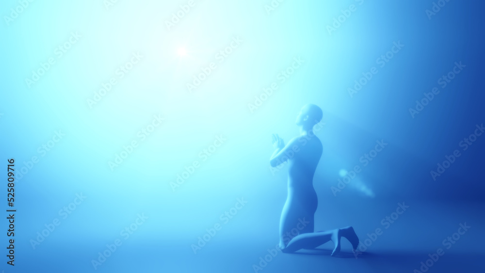 3d illustration of a man praying to a shining God