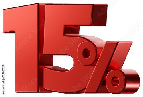 Sale 15 Percent discount number, red glossy, 3d rendering