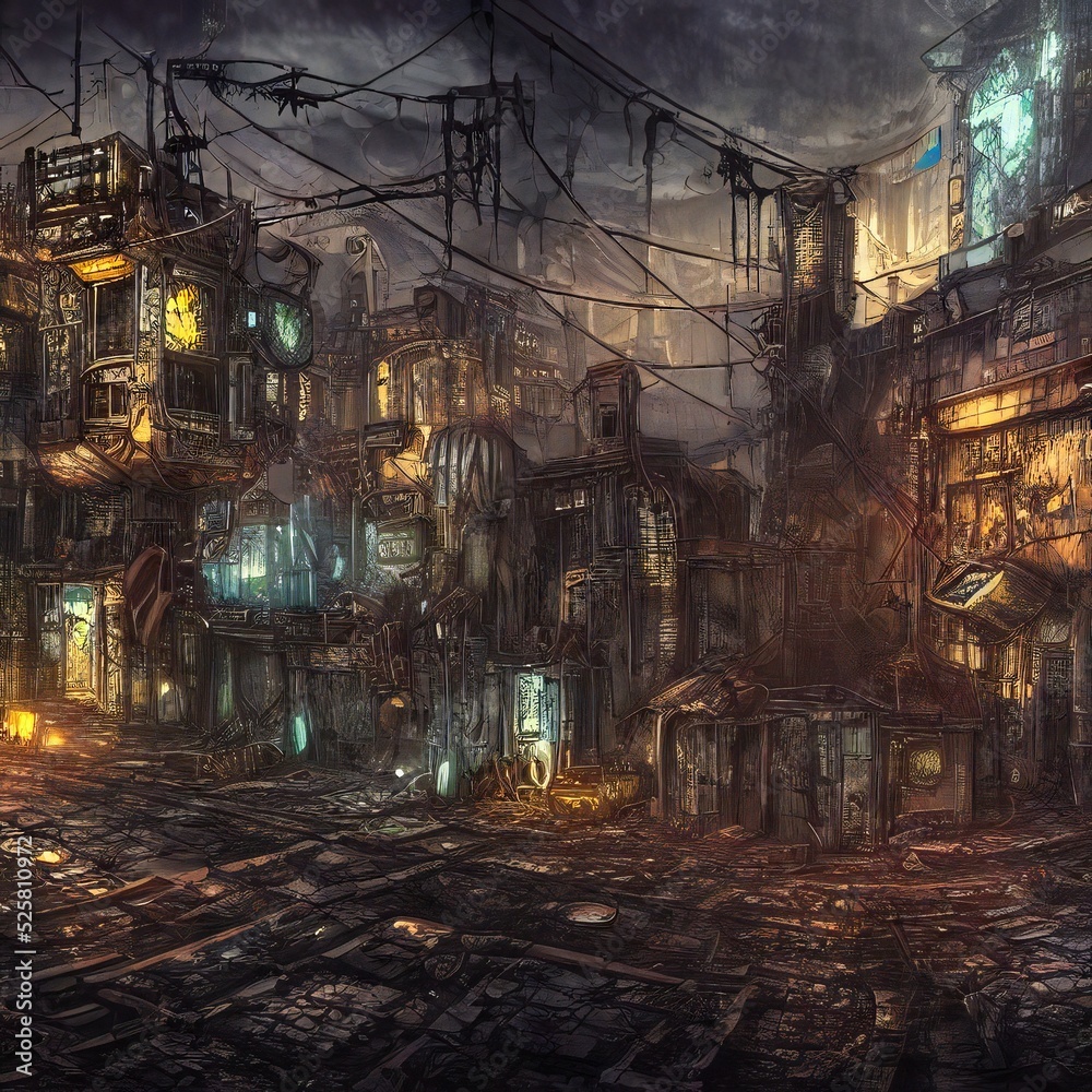 Industrial apocalyptic steampunk city street sci-fi concept art digital painting artwork