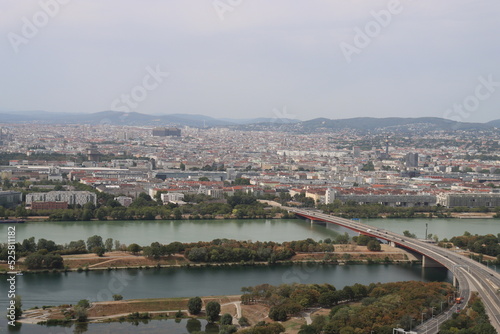 View of the observation deck of the Danube Tower on Vienna on a sunny day