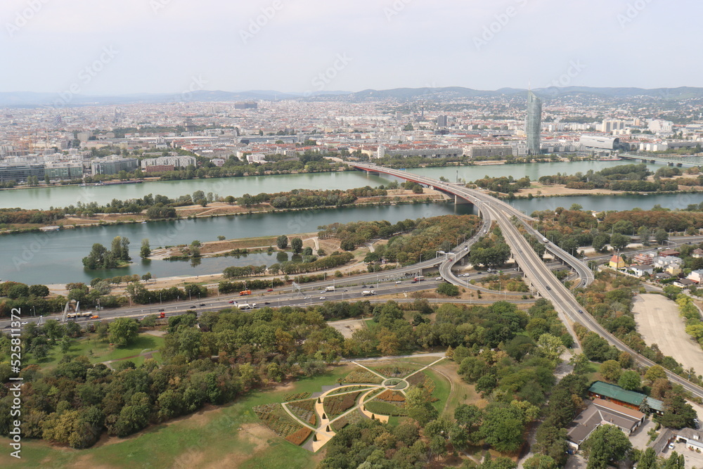 View of the observation deck of the Danube Tower on Vienna on a sunny day