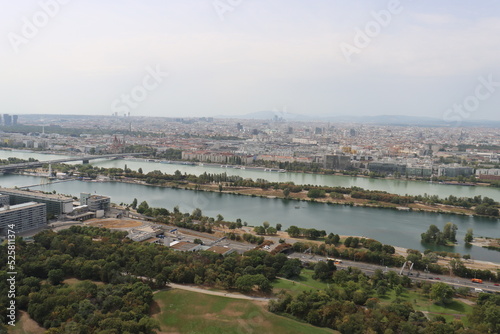 View of the observation deck of the Danube Tower on Vienna on a sunny day