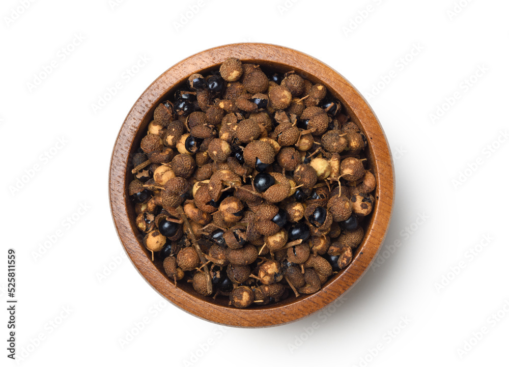 Top view of dried Sichuan pepper in wooden bowl isolated on white background. Top view of dried Sichuan pepper in wooden bowl isolated on white background.