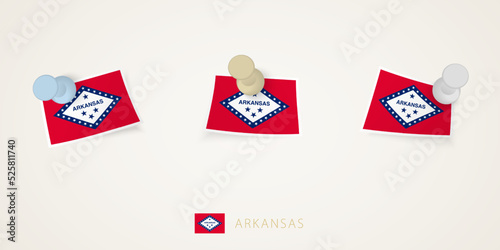 Pinned flag of Arkansas in different shapes with twisted corners. Vector pushpins top view.
